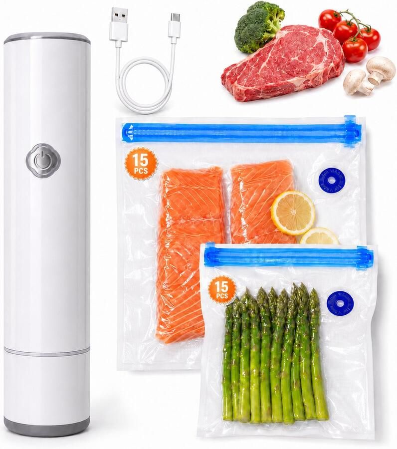 GARMEE Mini Vacumeermachine 65 kPa 30 Herbruikbare Vacuümzakken 3 L min
