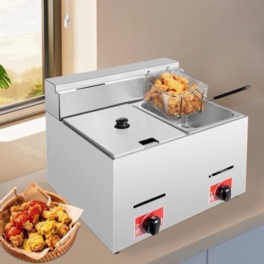 Gasfriteuse Dubbele Cilinder 2 x 6 Liter 2800 W RVS Voor Koken En Frituren