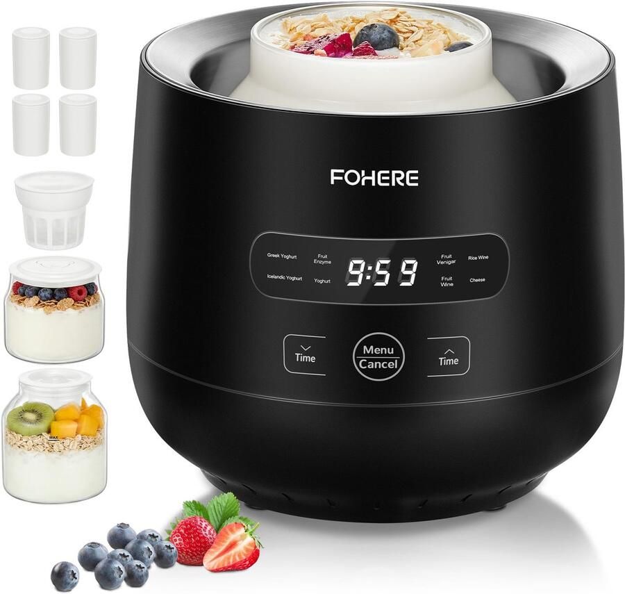 Geen Mark Yoghurtmaker multifunctioneel met 2 glazen bakken 8 programma's Griekse yoghurt functie LED display en grote capaciteit