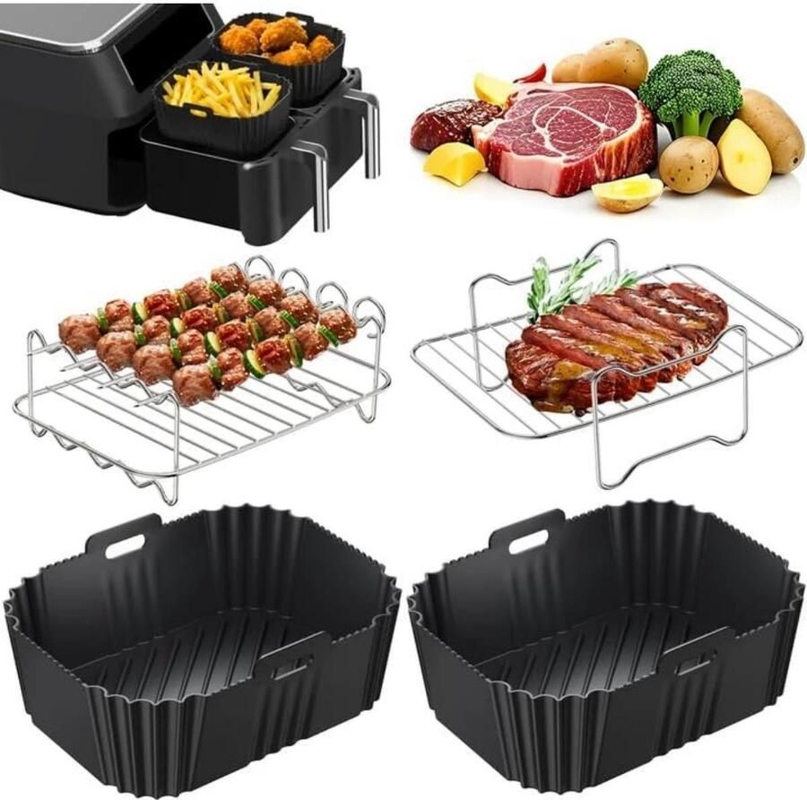 GelldG Accessoireset voor airfryer Geschikt voor Ninja Dual Zone AF400EU en AF300EU airfryers Grillrooster van 304 roestvrij staal Siliconen mal 4-delige set Zwart