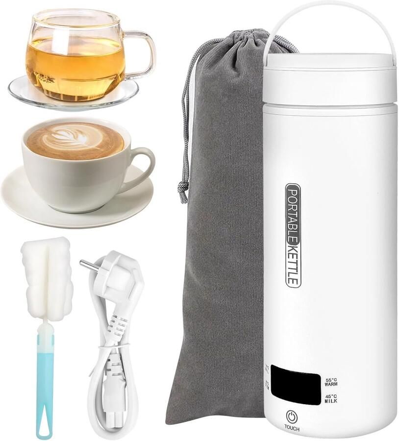 YOZHIQU Draagbare reiswaterkoker 450 ml Mini-waterkoker 3-in-1 4 temperatuurinstellingen Geschikt voor het zetten van thee koffie en melk kamperen buitenactiviteiten en reizen
