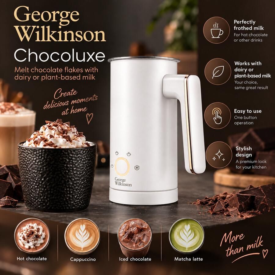 George Wilkinson Chocoluxe Melkopschuimer – Warme Chocolademelk Maker – Voor Melk & Plantaardige Melk – Anti-aanbaklaag – Wit Goud Kerst sinterklaas kado