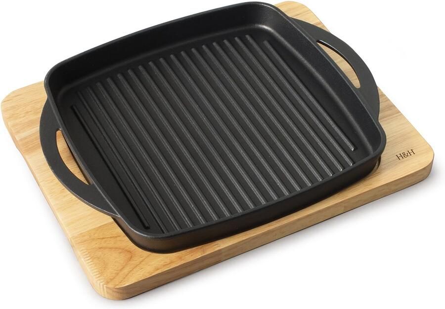 Geribbelde grillplaat Gietijzer Met houten onderzetter