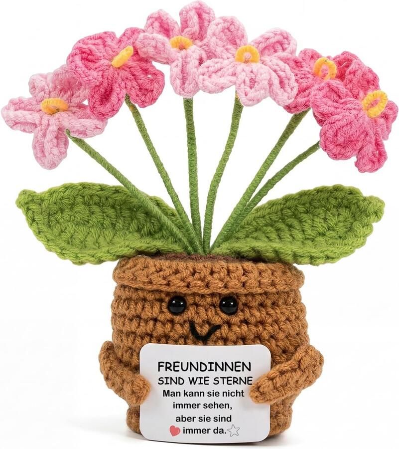 Geschenk voor vriendin: gehaakte vergeet-mij-nietjes met kaart verjaardag