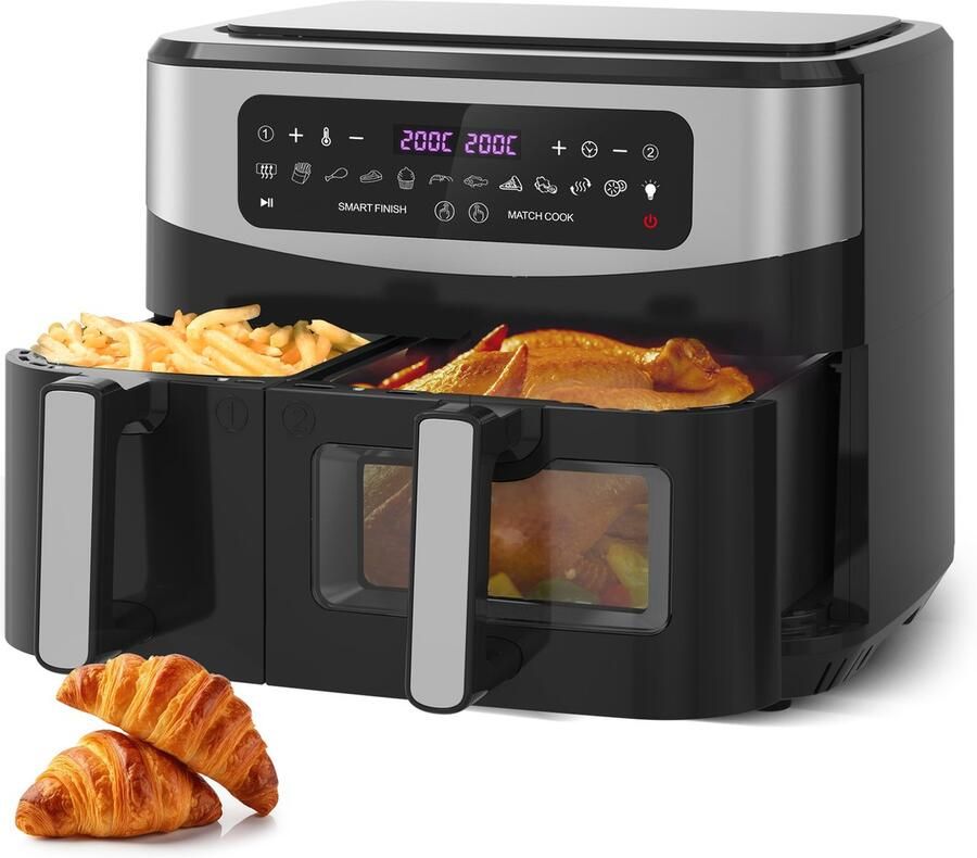 Gidgimo 10L Heteluchtfriteuse met Dubbele Mand 6L+4L Kijkvenster Airfryer Micro-Stoomfunctie 12 Programma s LED-Touchscreen 50-230°C 2600W Olievrij Zwart