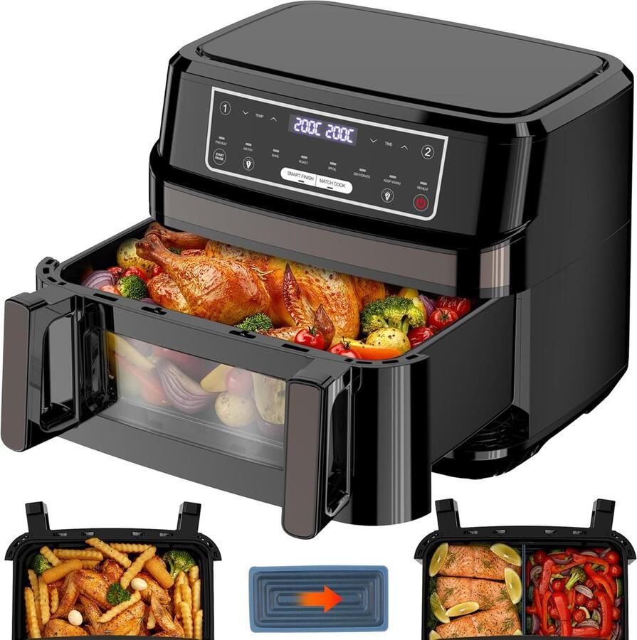 Gidgimo 12L XXL Airfryer met Dubbele Mand – 2600W Heteluchtfriteuse met LED Touchscreen Kijkvenster Binnenverlichting en 8 Programma s – Zwart