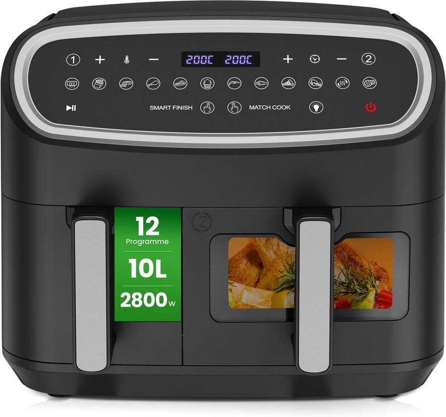Gidgimo Airfryer 10L met dubbele mand 6L + 4L 2800W 12 kookprogramma s LED-touchscreen kijkvenster en microstoomfunctie 50–200°C olievrije XXL heteluchtfriteuse voor grote gezinnen zwart