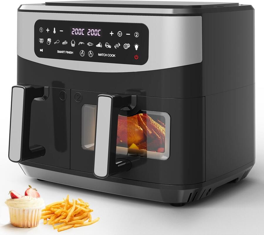 Gidgimo Dubbele heteluchtfriteuse met kijkvenster 10L (4L x 6L) 2600W capaciteit dubbele Airfryer 12-in-1-programma's Air Fryer met touchscreen