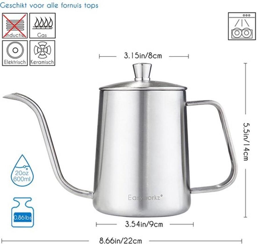 Giet over Waterkoker Roestvrij Staal Zwanenhals Lange Smalle Druppeluitloop Koffie Pot 600ml (Zilver)