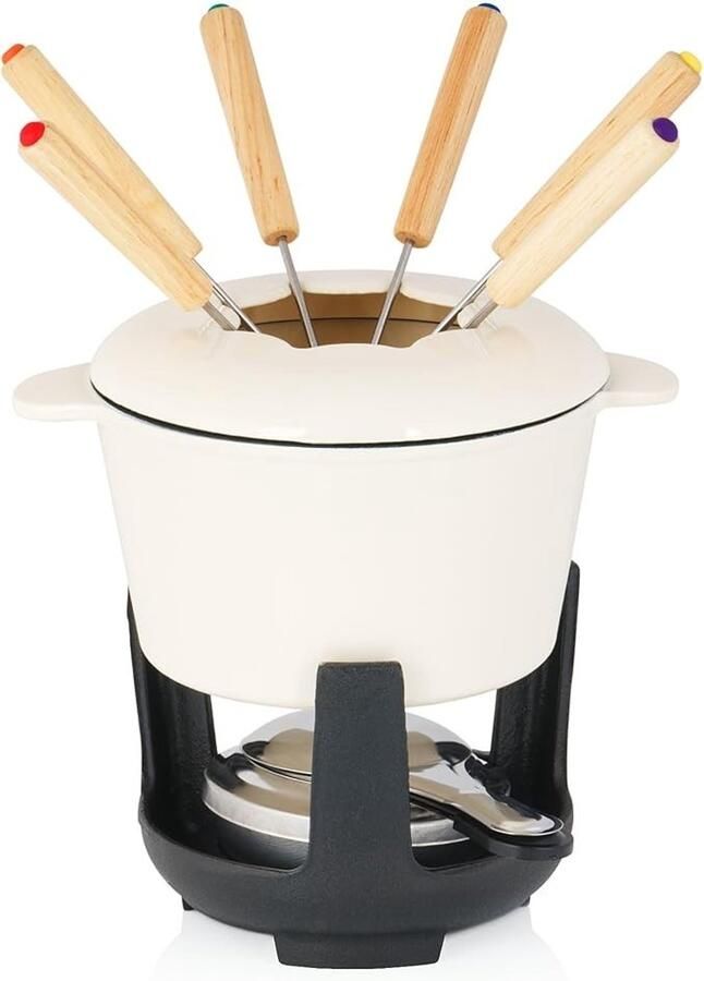 Gietijzeren Fondueset voor 6 Personen 13-delig met Brander Vorken en Crème Geëmailleerde Pan