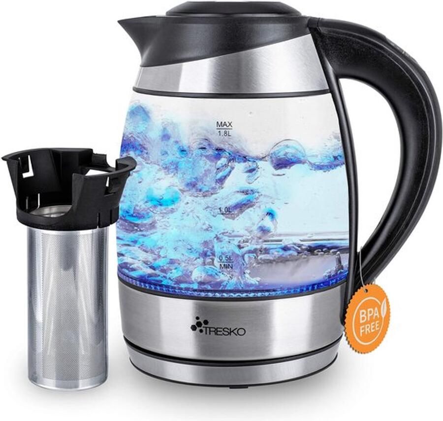 Glazen waterkoker 1 8 L roestvrij staal met theezeef en kalkfilter ledverlichting aan de binnenkant 2200 W met temperatuurinstelling warmhoudfunctie