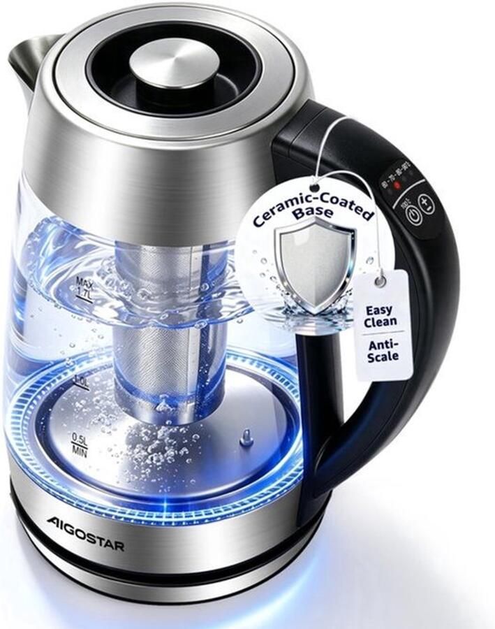 Glazen waterkoker met temperatuurinstelling 1 7 l keramische
