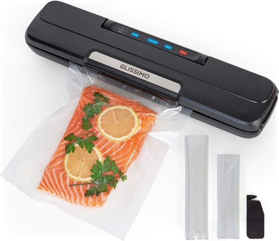 Glissimo – Professionele Vacuümmachine voor Voedsel – Compact & Krachtig – Incl. Afdichtingsfunctie voor Nat en Droog Voedsel – 65kPa – 50x Continu Afdichten Seal functie Geschikt voor de meeste vacuumzakken Vacumeermachine Noodvoorraad