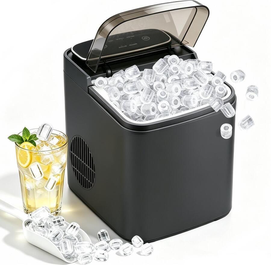 Glitzerlife Ijsblokjesmachine IJsmachine Compact Stil Snel Ijs in 6 Min Zelfreinigend 14kg 24u Capaciteit 1.3L Watertank Zwart