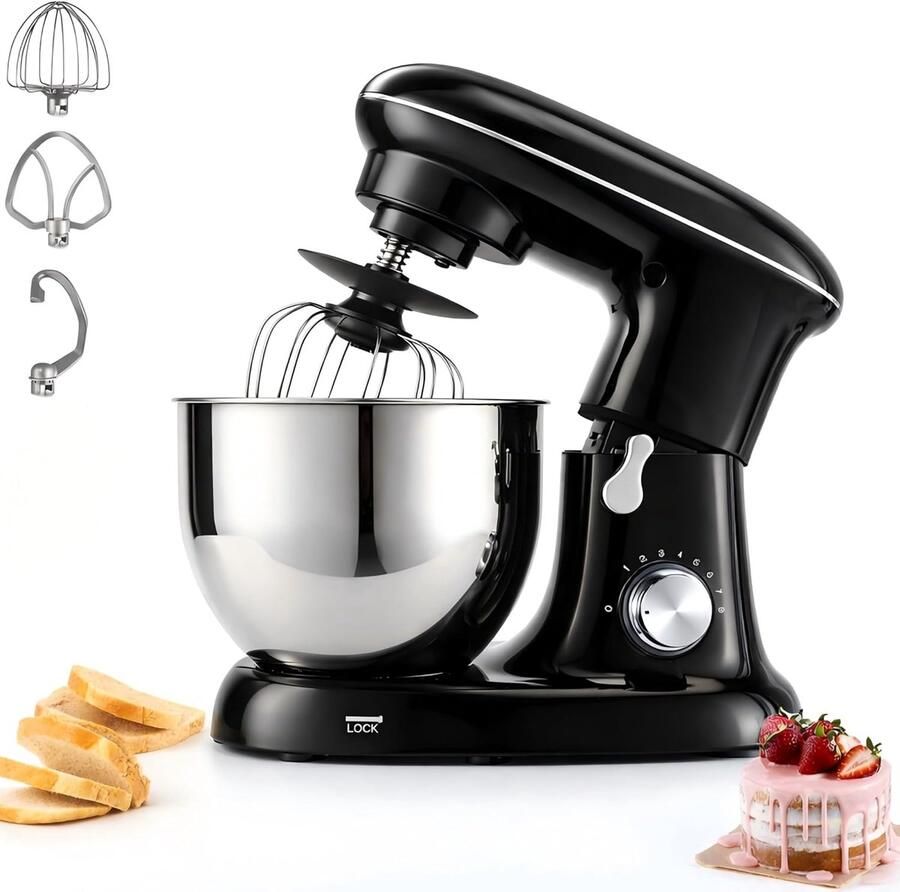 Glitzerlife Keukenmachine 1400 W Met 5 Liter Roestvrijstalen Mengkom Kneedmachine Deegmachine Met Kneedhaak Garde Komdeksel Als Spatbescherming Inclusief Deeghaken Kloppers en eierklopper Zwart