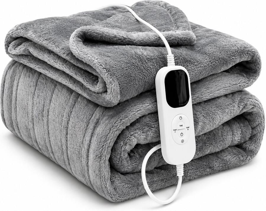 Gloovon Elektrische Warmtedeken 30 sec snel opwarmen 6 temperatuurstanden & 3 timers Wasbaar flanel 150x180 cm Grijs