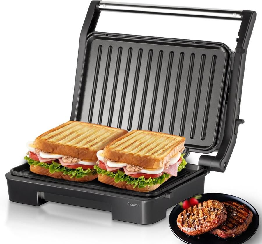 Gloovon Tosti Apparaat 2 Tosti's 2-in-1 Tosti Apparaat met Tafelgrill Functie PFAS vrij Compact 180° Openklapbaar Grill apparaat Tosti ijzer Zwart