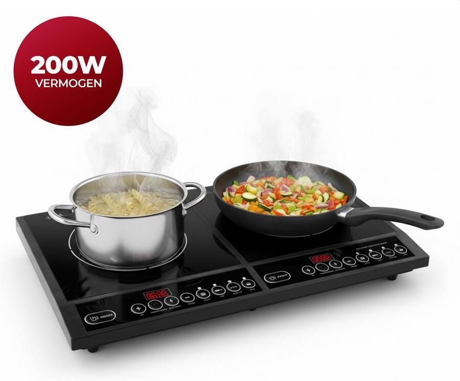 Golermo Dubbele Inductiekookplaat – 2 Zones – 4000W – Energiezuinig – 8 Vermogensstanden – Timer – Zwart Glas - Foto 2