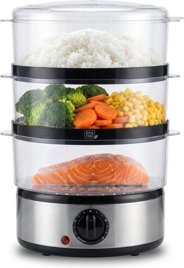Golermo Elektrische Stoomkoker 7.5L – 3 Lagen – Timerfunctie – Gezond & Snel Koken – BPA-vrij – 400W - Foto 2