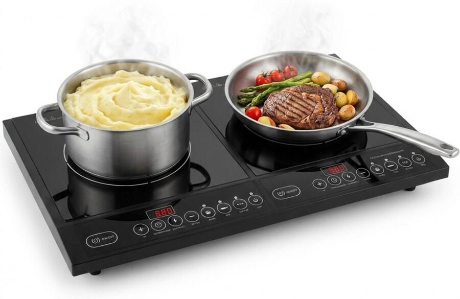 Golermo Dubbele Inductiekookplaat – 2 Zones – 4000W – Energiezuinig – 8 Vermogensstanden – Timer – Zwart Glas