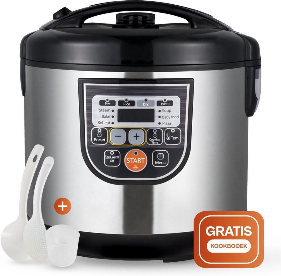 Golermo Rijstkoker met Stoomfunctie – 5L – Multicooker met 11 Programma s – Geschikt als Rice Cooker & Slowcooker – PFAS-vrij – Zwart RVS