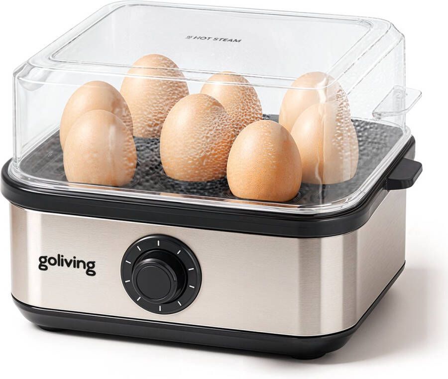 Goliving Eierkoker 2-in-1 tot 8 Eitjes Koken Pocheren Omelet Hard Zacht en Medium Gekookt Elektrisch Met Timer Zilver