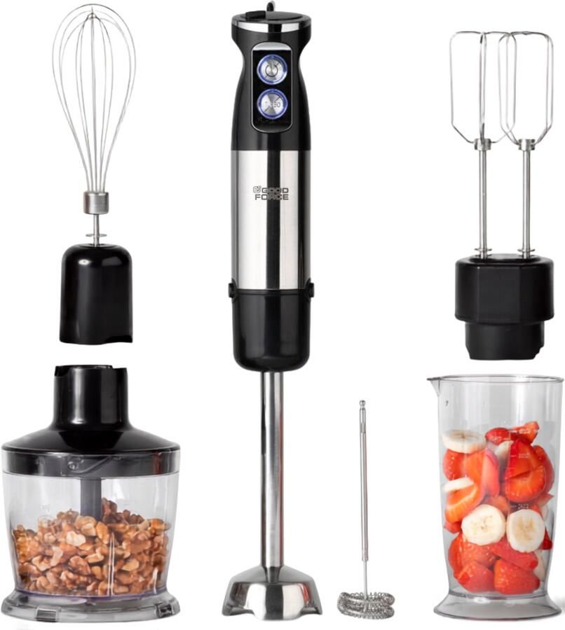 GoodForce 7 delige Staafmixer set – Inclusief Hakmolen garde melkopschuimer klopper & Maatbeker – krachtig & vaatwasserbestendig – 12 snelheden + turbofunctie – 1000W – PFAS-vrij