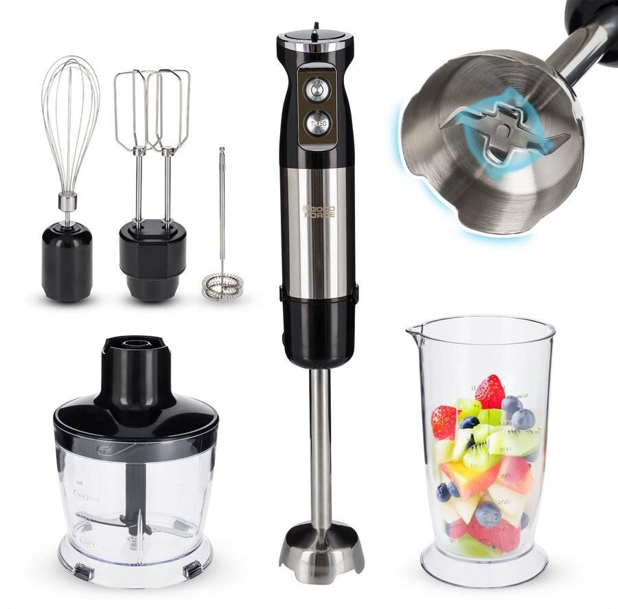 GoodForce 7 delige Staafmixer set – Inclusief Hakmolen garde melkopschuimer klopper & Maatbeker – krachtig & vaatwasserbestendig – 12 snelheden + turbofunctie – 1000W – PFAS-vrij