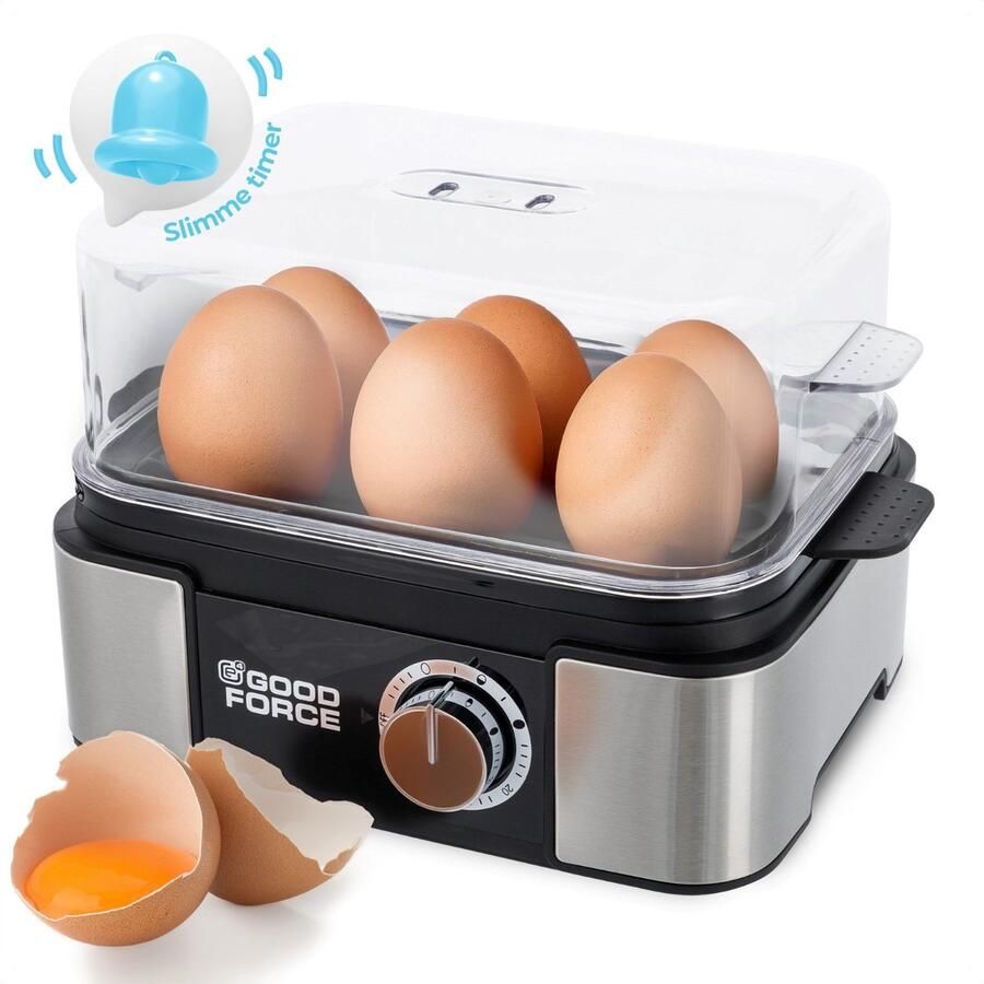 GoodForce Automatische Eierkoker Met Timer Met Alarm 6 Eieren Elektrisch Incl. Maatbeker Incl. eiprikker RVS Vaatwasserbestendig
