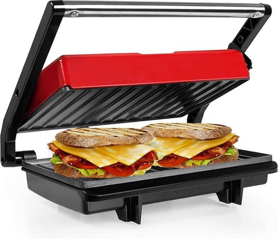 Gotoll Panini Elektrische grill grillplaat en sandwichapparaat panini persen anti-aanbakplaten oppervlak 23 x 14 5 cm BPA-vrij 750 W kleur rood