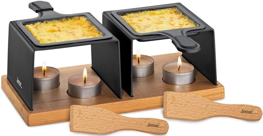 Gourmet Raclette Houten Bodem met Theelichtjes Inclusief 2 Anti-aanbak Pannetjes Voor Thuis en Camping