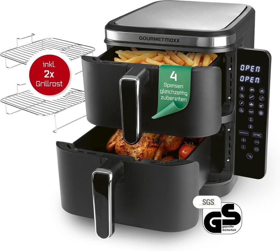 GOURMETmax x FryUp verticale dubbelkamer heteluchtfriteuse 10L met klapbaar touchscreen – 4 gerechten op 4 niveaus – 32% ruimtebesparing