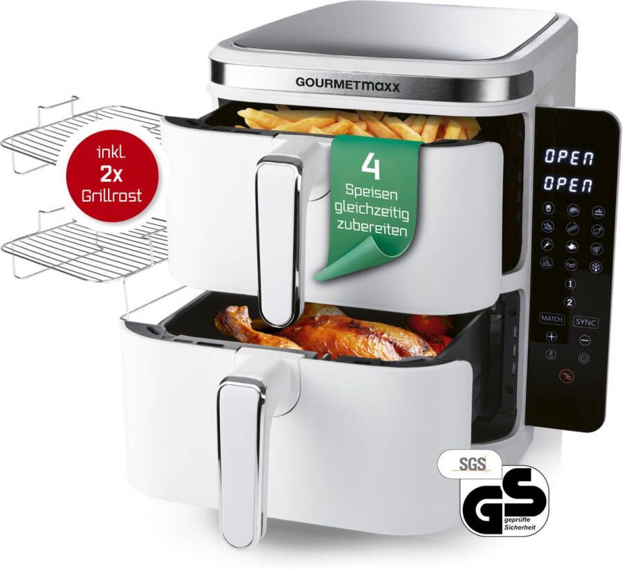 GOURMETmax x FryUp Verticale heteluchtfriteuse met dubbele kamer verticale airfryer inklapbaar touchscreen 32% ruimtebesparend inhoud 10 liter heteluchtfriteuse 2 kamers