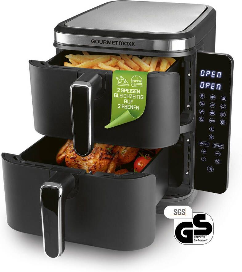 Gourmetmaxx FryUp Vertical Double Chamber Hot Air Fryer vertical air fryer folding touch display 32% more space-saving capacity 10L hot air fryer 2 chambers