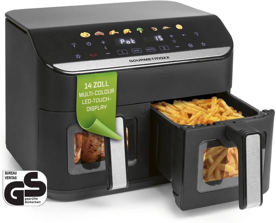 Gourmetmaxx AirGenius heteluchtfriteuse 9L met 2x4 5L kamers en 8 programma s – geschikt voor 8 personen – touchscreen bediening