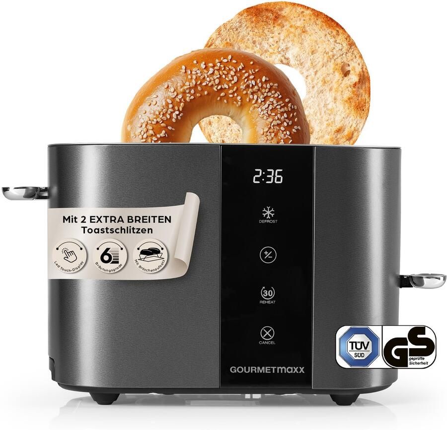 Gourmetmaxx broodrooster met korte sleuf voor 2 sneetjes Broodrooster antraciet met 6 bruiningsstanden en Ready-2-eat-countdown Elektrisch keukenapparaat met touchdisplay broodroosteropzetstuk en opwarmfunctie