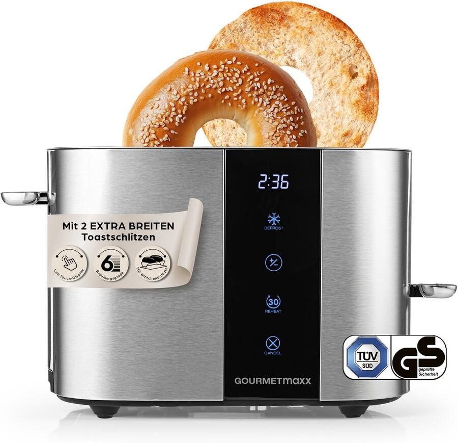 Gourmetmaxx broodrooster met korte sleuf voor 2 sneetjes Roestvrijstalen broodrooster met 6 bruiningsstanden en Ready-2-eat-countdown Elektrisch keukenapparaat met touchdisplay broodjesopzetstuk en opwarmfunctie