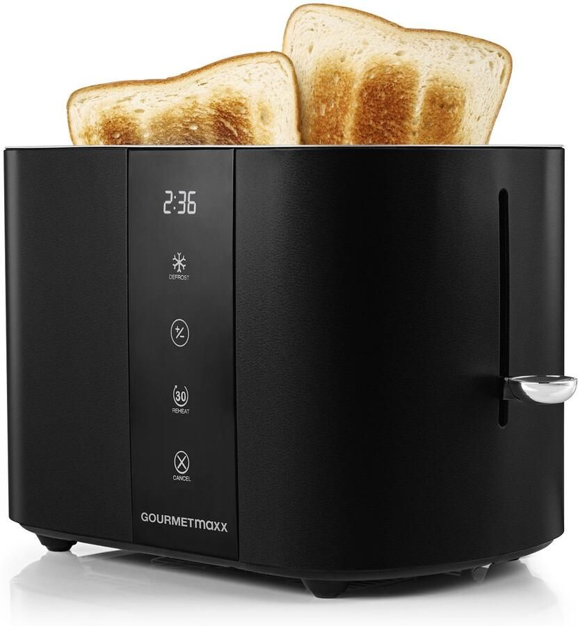 Gourmetmaxx broodrooster met korte sleuf voor 2 sneetjes Zwart broodrooster met 6 bruiningsstanden en Ready-2-eat-countdown Elektrisch keukenapparaat met touchdisplay broodjesopzetstuk en opwarmfunctie