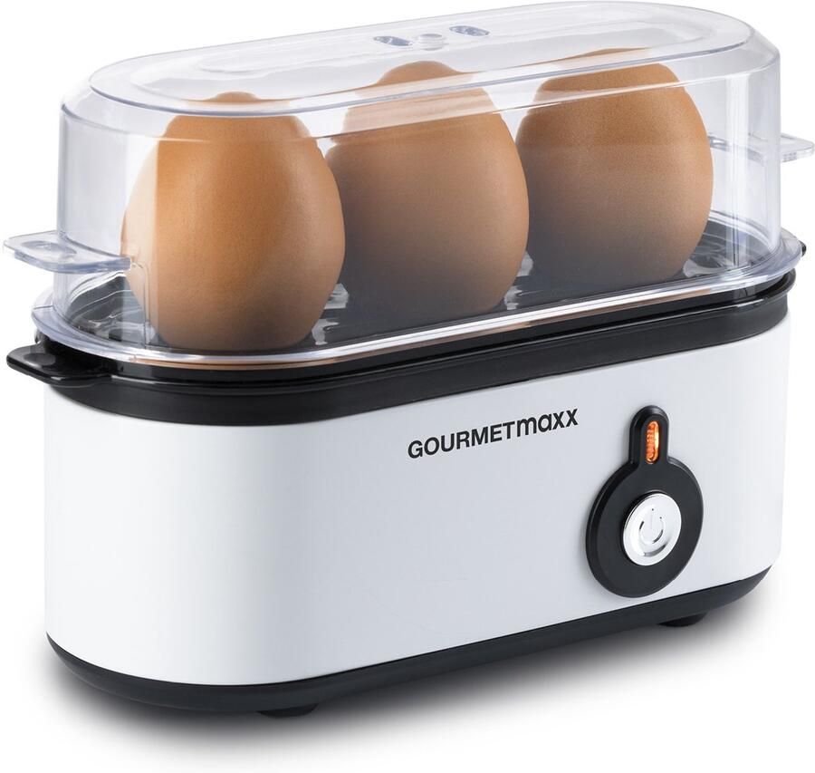 Gourmetmaxx Eierkocher für 3 Eier Egg Boiler mit Eierstecher im Messbecher Egg Cooker – 3 Härtegrade für deinen Eierbecher Design Eierkocher klein – spülmaschinenfeste Teile