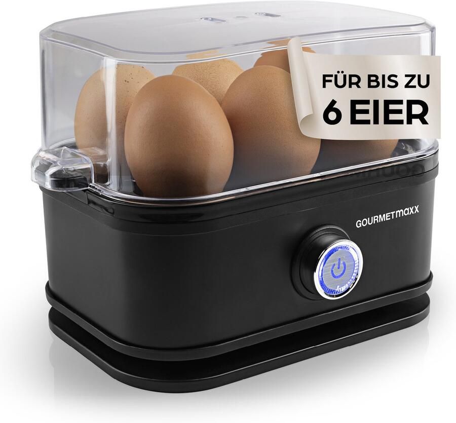 Gourmetmaxx eierkoker voor 6 eieren Eierkoker met eierprikker in maatbeker Eierkoker met 3 hardheidsstanden – voor elk ei de juiste stand Design eierkoker in zwart – vaatwasmachinebestendige onderdelen