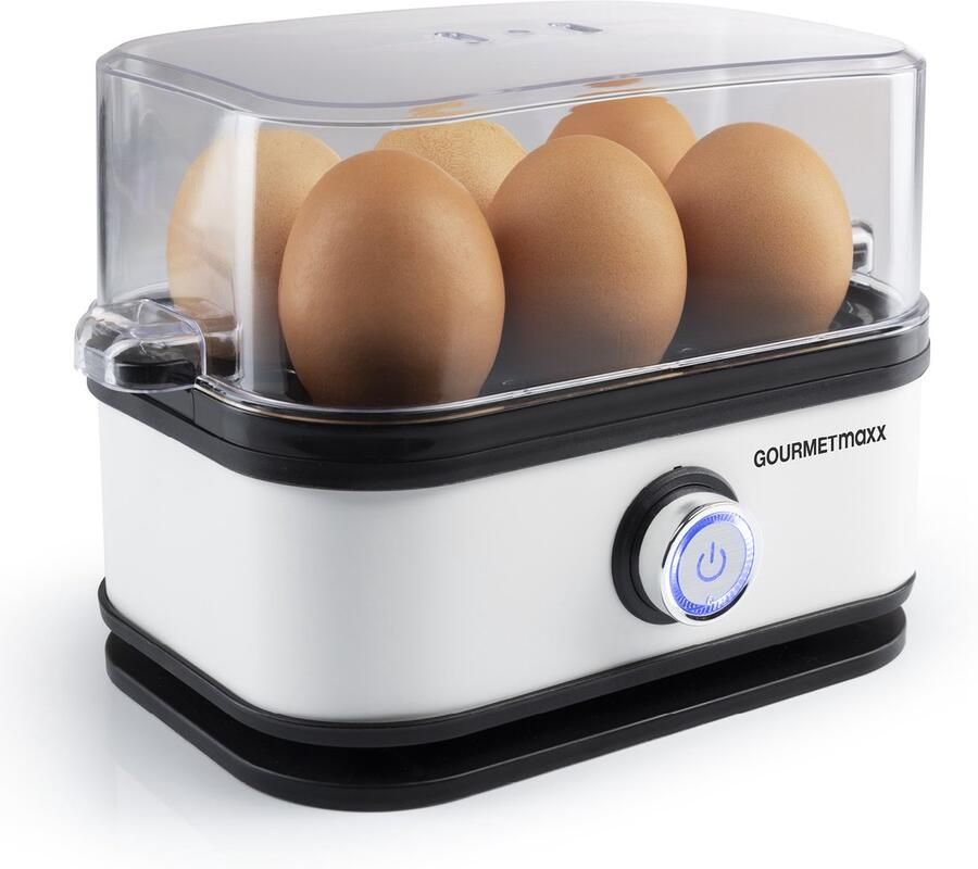 Gourmetmaxx eierkoker voor 6 eieren Eierkoker met eierprikker in maatbeker Eierkoker met 3 hardheidsstanden – voor elk ei de juiste stand Design eierkoker wit – vaatwasmachinebestendige onderdelen