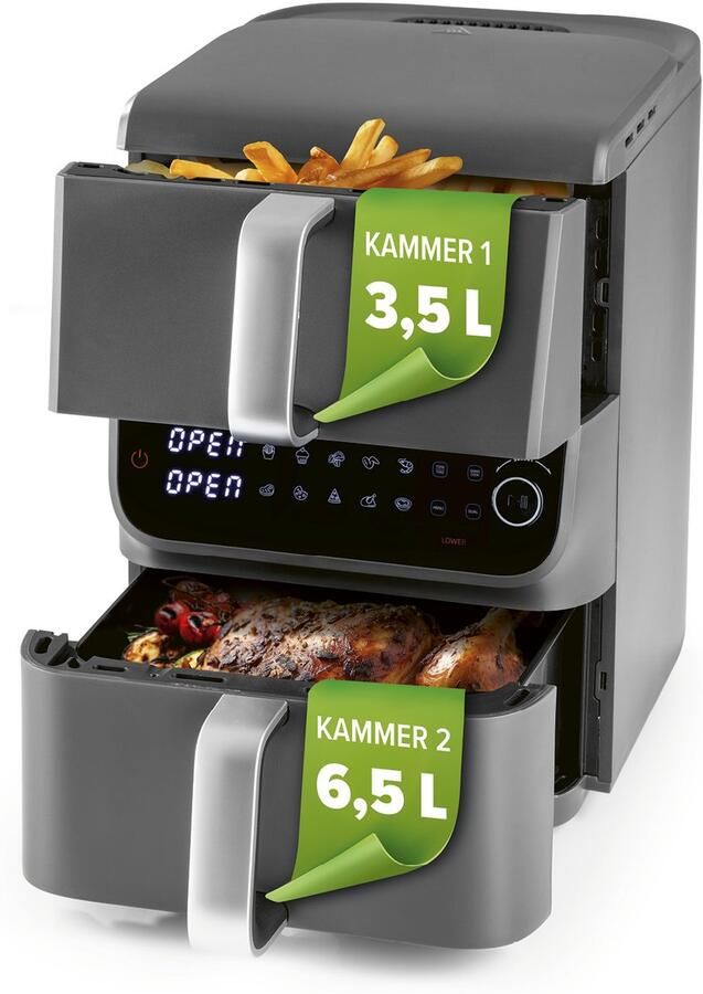Gourmetmaxx FryUp dubbele kamer heteluchtfriteuse MultiSize 10 l verticale airfryer met 2 kamergroottes: minder verspilling van kookruimte 10 programma's & led-touchdisplay heteluchtfriteuse 2 kamers