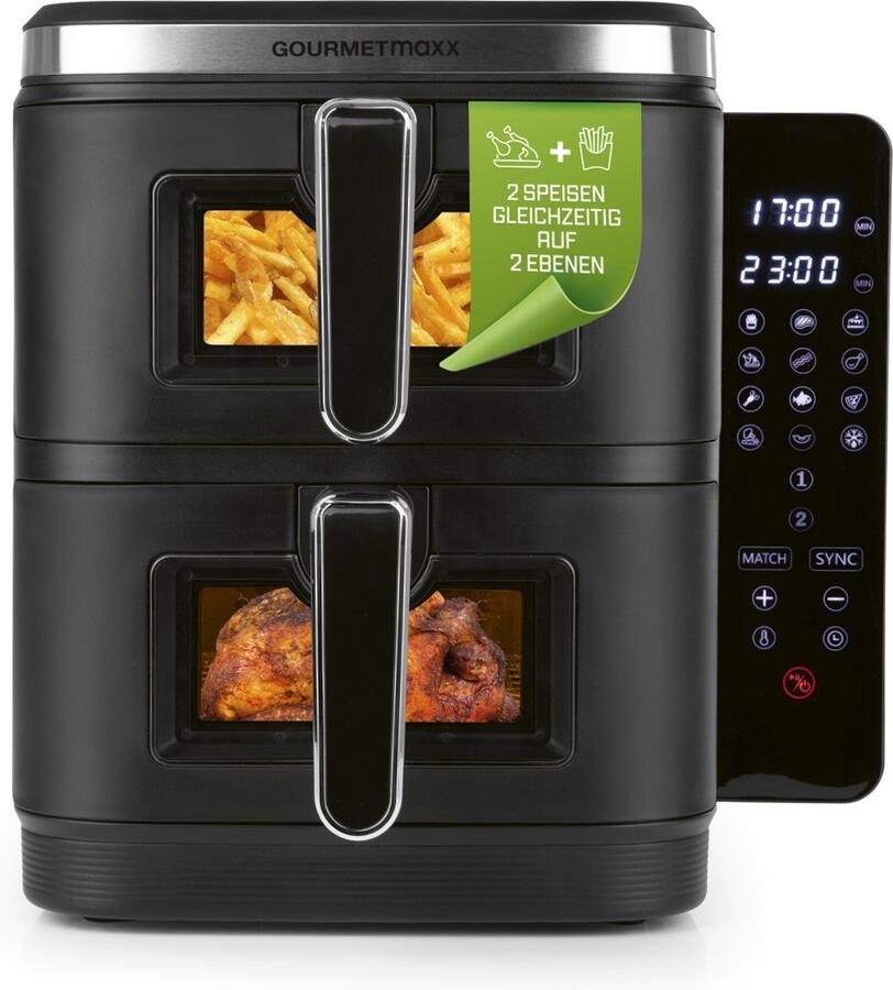 Gourmetmaxx FryUp Verticale dubbele kamer heteluchtfriteuse XXL Airfryer met kijkvensters en opklapbaar touchdisplay Heteluchtfriteuse 2 kamers 10 l inhoud Heteluchtfriteuse dubbele kamer 2 niveaus
