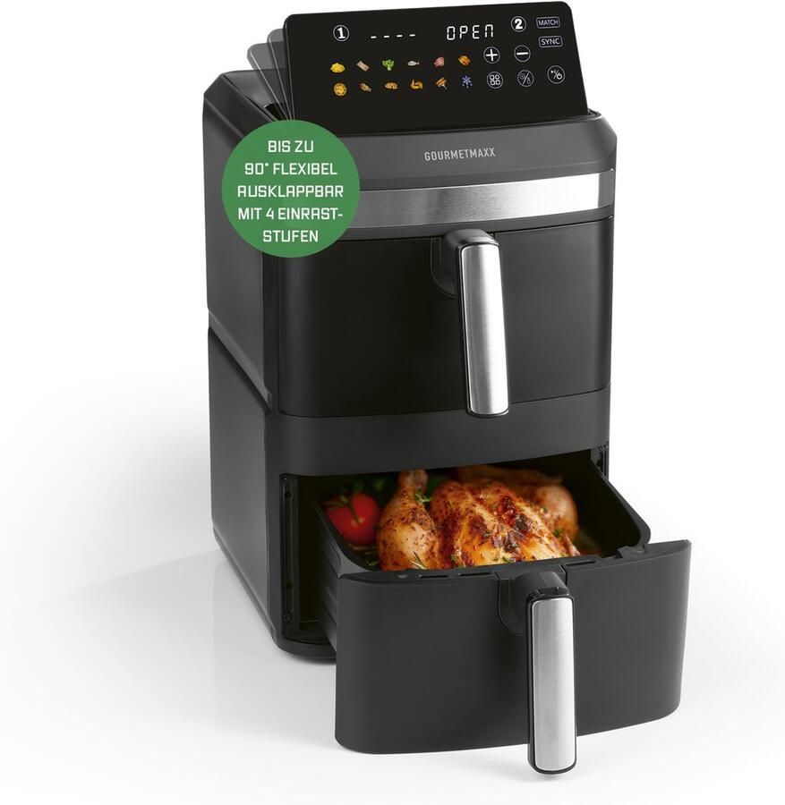 Gourmetmaxx FryUp XL verticale heteluchtfriteuse met dubbele kamer 12 l Airfryer met 9 6 inch multicolor led-touchdisplay en 12 programma's Heteluchtfriteuse met 2 kamers SYNC- en MATCH-functie