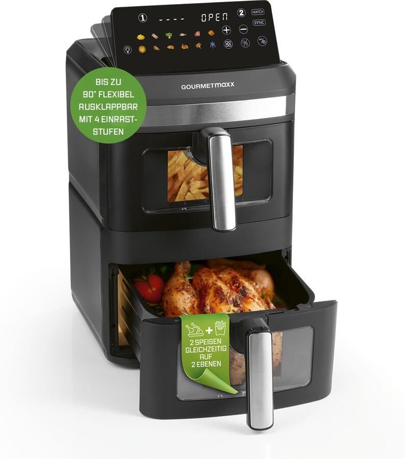 Gourmetmaxx FryUp XL verticale heteluchtfriteuse met dubbele kamer en kijkvenster 12 l Airfryer met 9 6 inch multicolor led-touchdisplay en 12 programma's Heteluchtfriteuse met 2 kamers en bovenwarmte