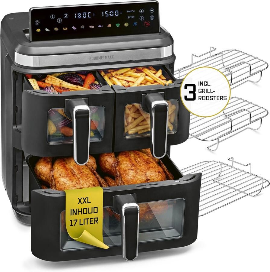 Gourmetmaxx FryUp3 Verticale heteluchtfriteuse 3 kamers Airfryer XXL met 3 grillrekken en 3 kijkvensters heteluchtfriteuse XXL 17 l Air Fryer friteuse zonder olie