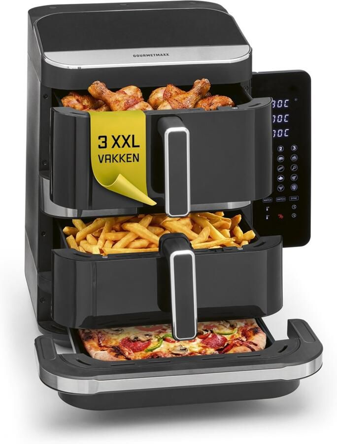 Gourmetmaxx FryUp3 Verticale heteluchtfriteuse 3 kamers Airfryer XXL PFAS-vrij heteluchtfriteuse XXL 12 4 l + ovenlade voor pizza enz. Air Fryer heteluchtfriteuse SuperClear led-touchdisplay