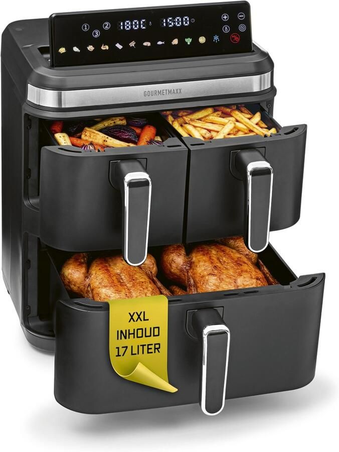 Gourmetmaxx FryUp3 Verticale heteluchtfriteuse 3 kamers heteluchtfriteuse XXL 17 liter airfryer met multi-colour inklapbaar touchdisplay Air Fryer friteuse voor 12 personen 12