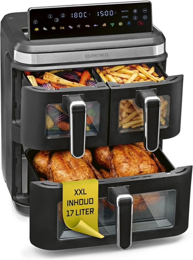 Gourmetmaxx FryUp3 Verticale heteluchtfriteuse 3 kamers heteluchtfriteuse XXL 17 liter airfryer met inklapbaar touchdisplay 12 onetouch-programma's kijkvenster airfryer voor 12 personen