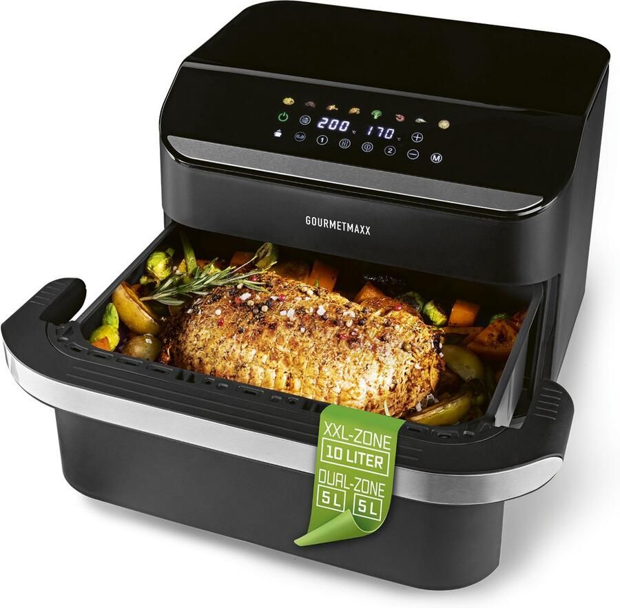 Gourmetmaxx heteluchtfriteuse 10 l – 2 x 5 l Airfryer Vario-kamer Friteuse met 8 programma s en touchscreen Heteluchtfriteuse met 2 kamers – 2 gerechten tegelijk bereiden voor max. 8 personen